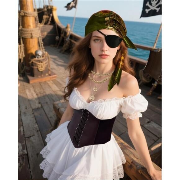 Pirate Accessories Set – 4pcs Pirate Costume Kit with Corset, Scarf, Eye Patch - Picture 2 of 3